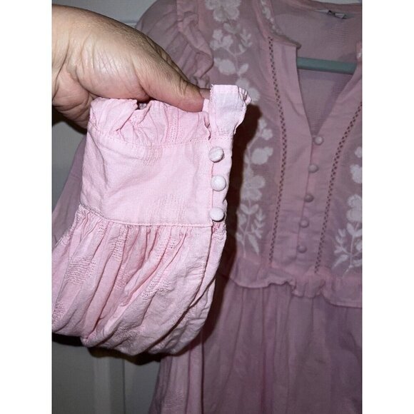 CROWN & IVY Soft Pink Long Sleeve Ruffle Embroidered Neckline Boho Blouse - Picture 5 of 11